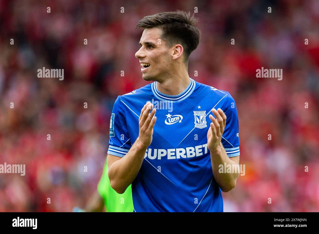 Lodz, Polonia. 19 maggio 2024. Filip Marchwinski di Lech gesti durante la partita polacca di PKO Ekstraklasa League tra Widzew Lodz e Lech Poznan allo stadio municipale di Widzew Lodz. Punteggio finale; Widzew Lodz 1:1 Lech Poznan. (Foto di Mikolaj Barbanell/SOPA Images/Sipa USA) credito: SIPA USA/Alamy Live News Foto Stock