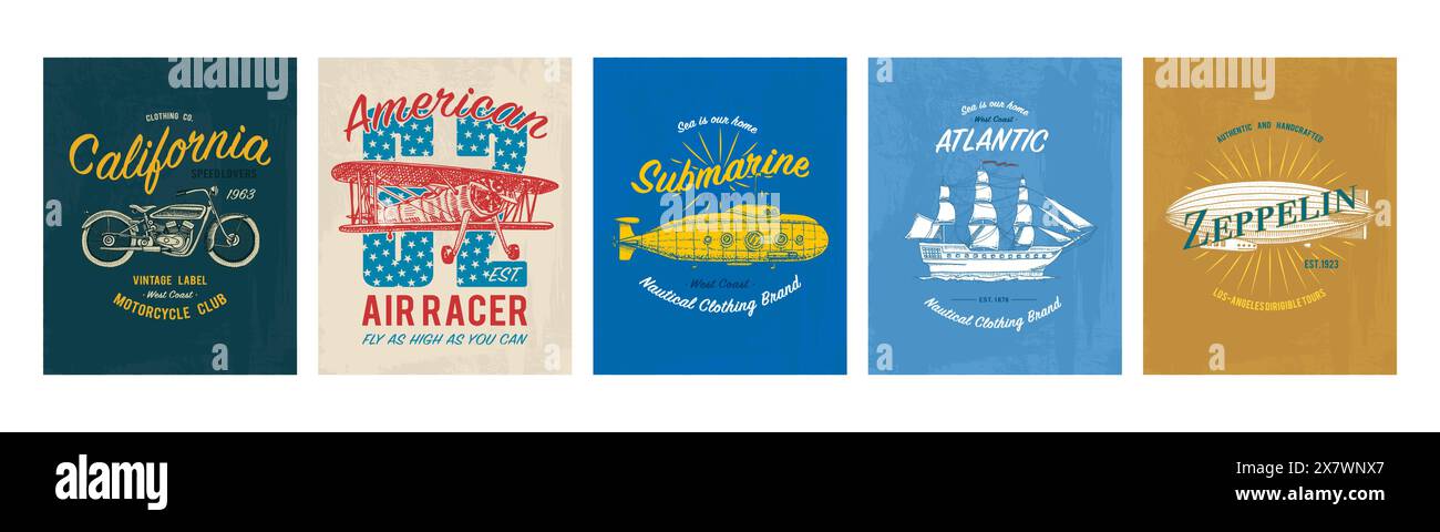 Set di stampa TEE. Trasporto, farfalla, bufalo, nave, sottomarino, mais, aereo, mongolfiera. Bicicletta, bicicletta, grafica per t-shirt. Vintage Illustrazione Vettoriale