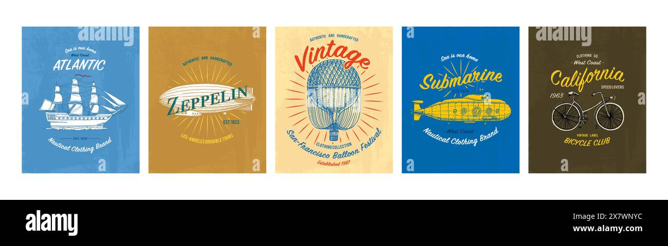 Set di stampa TEE. Trasporto, farfalla, bufalo, nave, sottomarino, mais, aereo, mongolfiera. Bicicletta, bicicletta, grafica per t-shirt. Vintage Illustrazione Vettoriale
