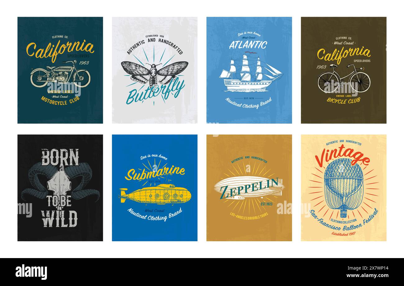 Set di stampa TEE. Trasporto, farfalla, bufalo, nave, sottomarino, mais, aereo, mongolfiera. Bicicletta, bicicletta, grafica per t-shirt. Vintage Illustrazione Vettoriale