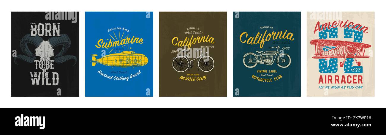 Set di stampa TEE. Trasporto, farfalla, bufalo, nave, sottomarino, mais, aereo, mongolfiera. Bicicletta, bicicletta, grafica per t-shirt. Vintage Illustrazione Vettoriale
