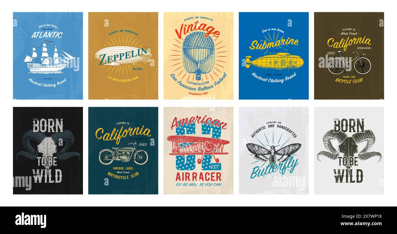 Set di stampa TEE. Trasporto, farfalla, bufalo, nave, sottomarino, mais, aereo, mongolfiera. Bicicletta, bicicletta, grafica per t-shirt. Vintage Illustrazione Vettoriale