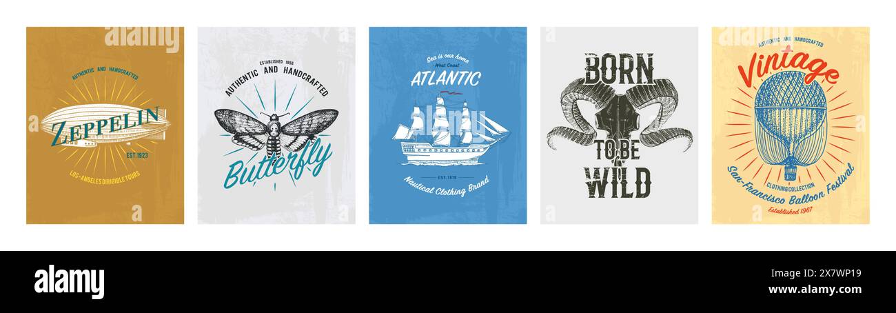 Set di stampa TEE. Trasporto, farfalla, bufalo, nave, sottomarino, mais, aereo, mongolfiera. Bicicletta, bicicletta, grafica per t-shirt. Vintage Illustrazione Vettoriale