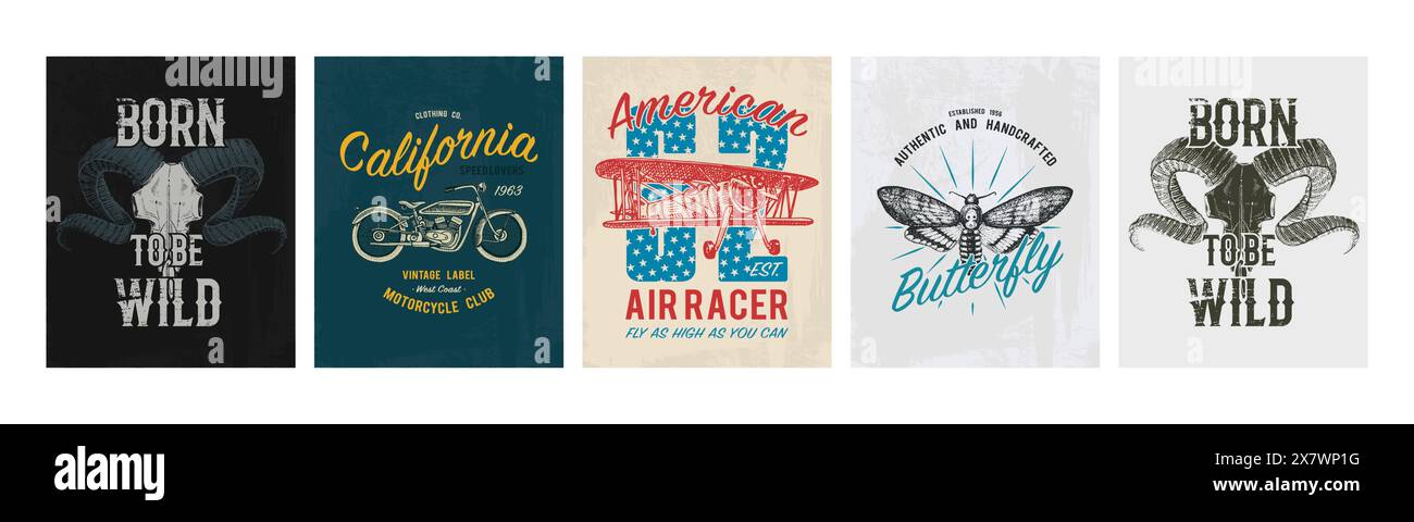 Set di stampa TEE. Trasporto, farfalla, bufalo, nave, sottomarino, mais, aereo, mongolfiera. Bicicletta, bicicletta, grafica per t-shirt. Vintage Illustrazione Vettoriale