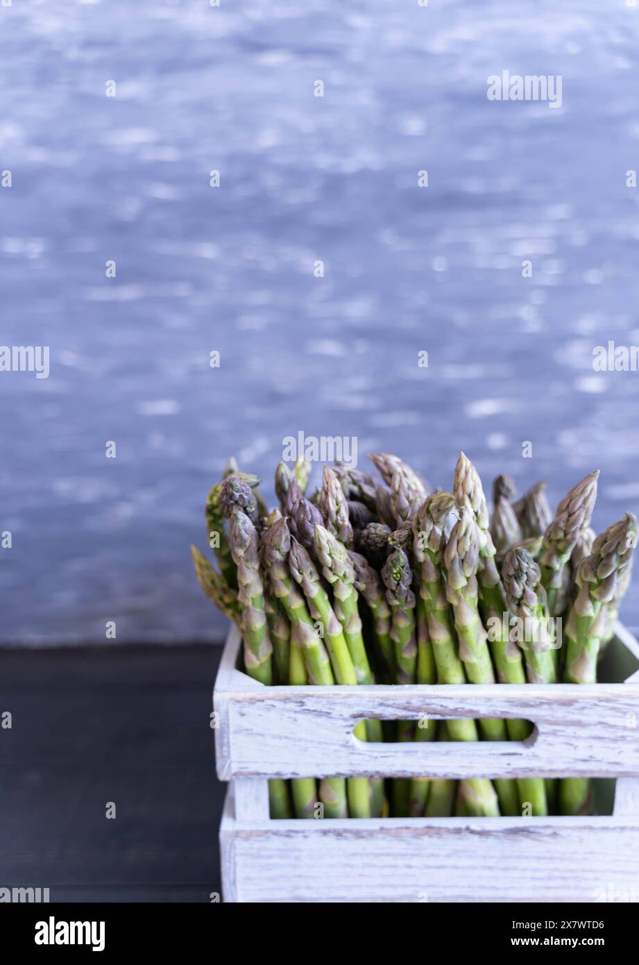 Asparagi verdi freschi in una cassa grigia su sfondo visivamente grigio Foto Stock