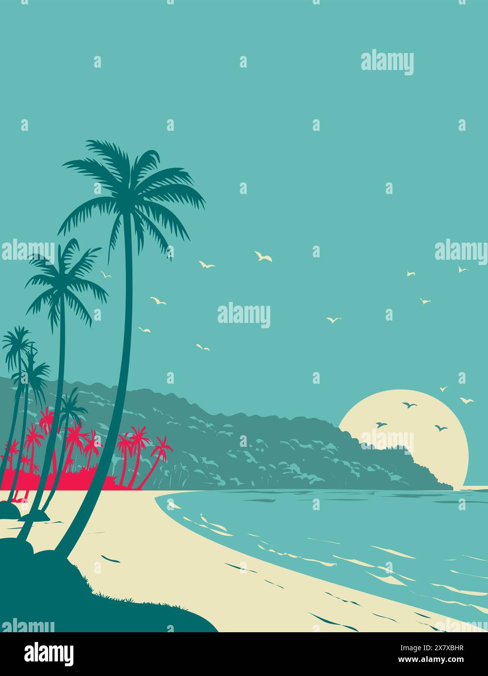Poster art WPA di Long Beach Phu Quoc all'alba o al tramonto nella provincia di Kien Giang, in Vietnam, realizzato nell'amministrazione dei progetti o in stile Art Deco Illustrazione Vettoriale