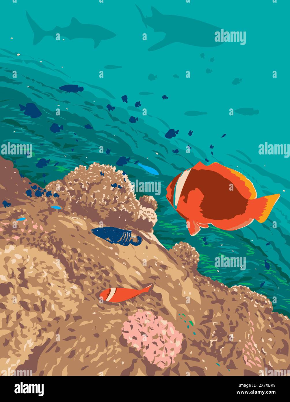 WPA poster arte di pesce anemonefish rosso o pesce pagliaccio australiano Amphiphiprion rubrocinctus nel mare di Visayan situato a Oslob, Cebu nelle Filippine fatto in Illustrazione Vettoriale