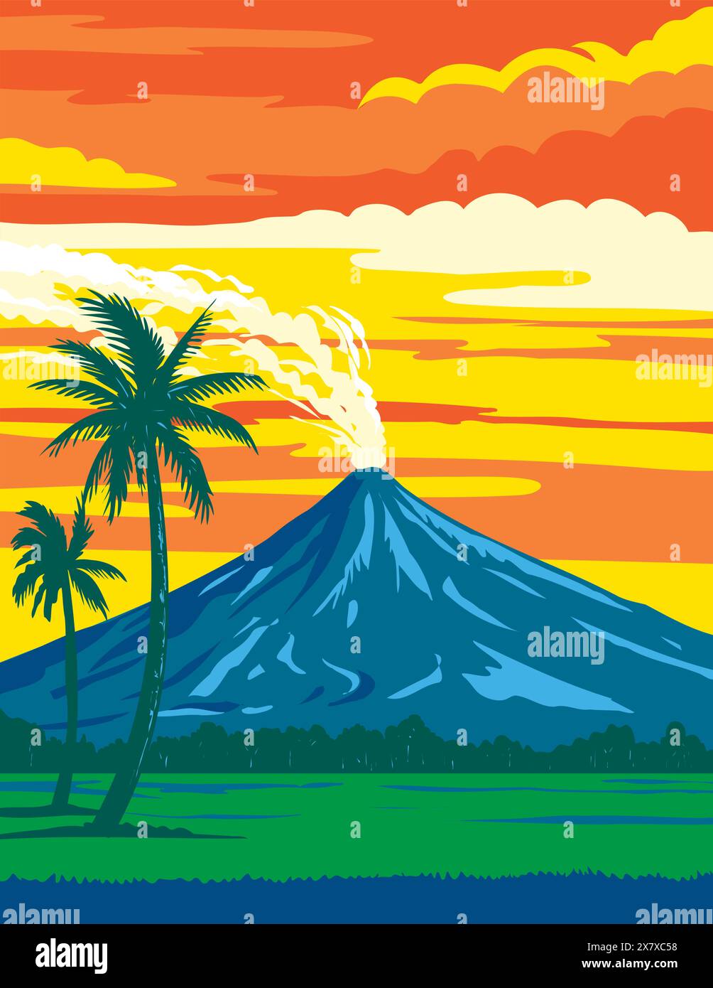 Poster art WPA del Parco naturale del vulcano Mayon situato nella regione di Bicol, nel sud-est dell'isola di Luzon nelle Filippine, realizzato nell'amministrazione dei progetti in corso di lavorazione o. Illustrazione Vettoriale