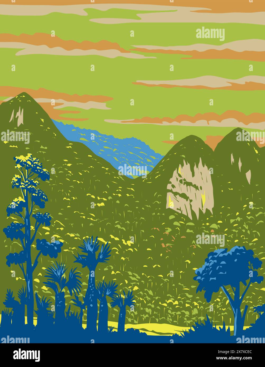 Poster art WPA del Parco Nazionale di Xuan Son situato nel distretto di Tan Son, provincia di Phu Tho, all'interno delle montagne Hoang Lien in Vietnam, fatto a Wo Illustrazione Vettoriale