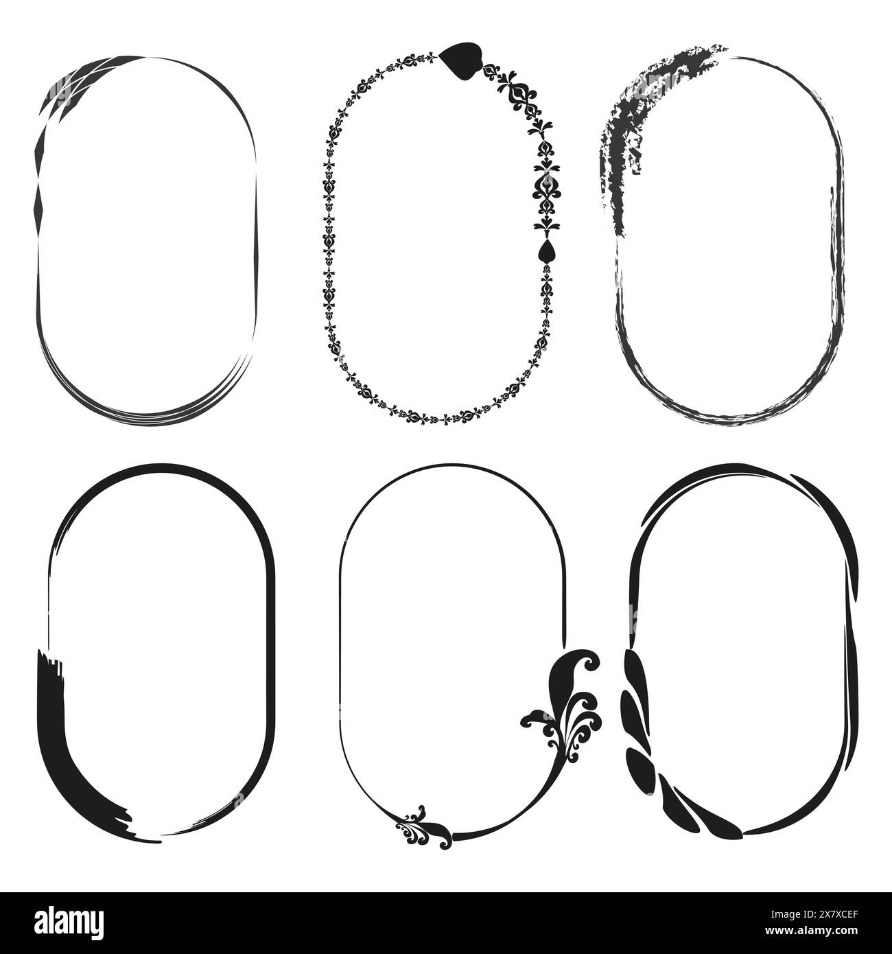 Set di cornici ovali decorative. Bordi in bianco e nero. Collezione di cornici ornamentali vettoriali. Illustrazione Vettoriale