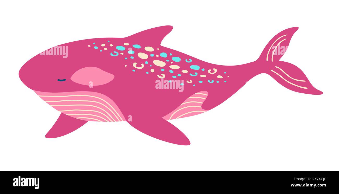 Illustrazione vettoriale di cartoni animati di balene oceaniche. Vita marina, animali, balena di mare, divertente design piatto per bambini. Semplice disegno comico carino per bambini. Animale marino felice del mondo sottomarino simbolo isolato Illustrazione Vettoriale