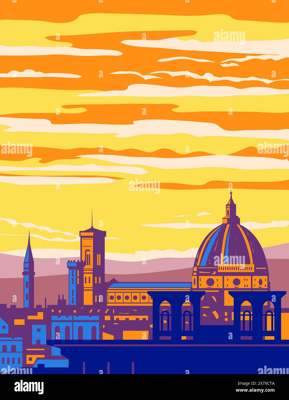 WPA poster art di Firenze con la cupola del Brunelleschi, la navata e il Campanile di Giotto della Cattedrale di Santa Maria del Fiore visto da Michelang Illustrazione Vettoriale