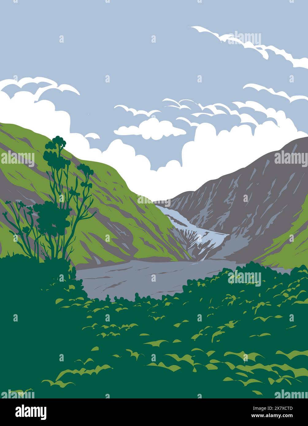 WPA poster art del Ghiacciaio Franz Josef nel Parco Nazionale di Westland Tai Poutini sulla costa occidentale dell'Isola Sud della Nuova Zelanda realizzato in un progetto di opere Illustrazione Vettoriale