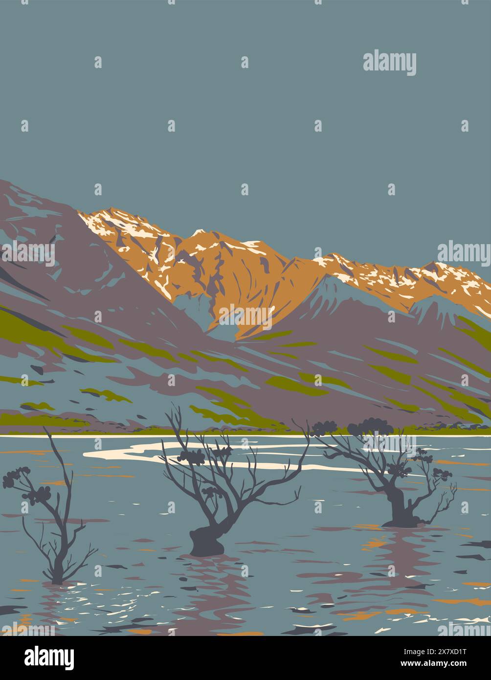WPA poster art del lago Wakatipu come visto da Glenorchy nella regione di Otago dell'Isola del Sud in Nuova Zelanda fatto in lavori di amministrazione progetto o Illustrazione Vettoriale