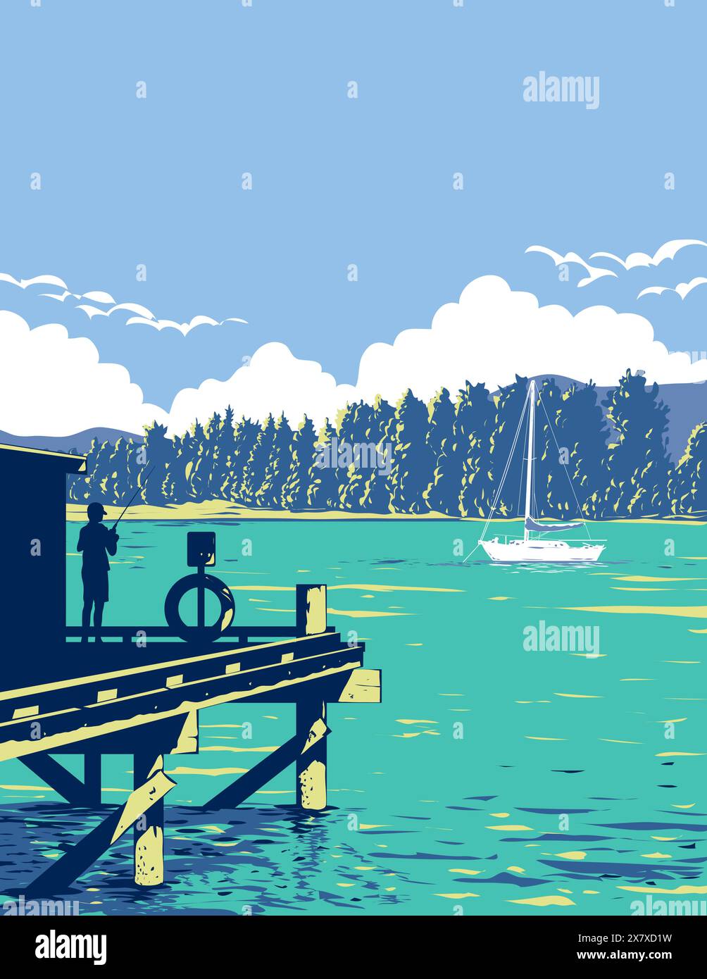 WPA poster arte di pesca a Mapua durante l'estate sulla costa di Tasman Bay, a ovest di Nelson, nell'Isola del Sud della Nuova Zelanda fatto in opere proje Illustrazione Vettoriale
