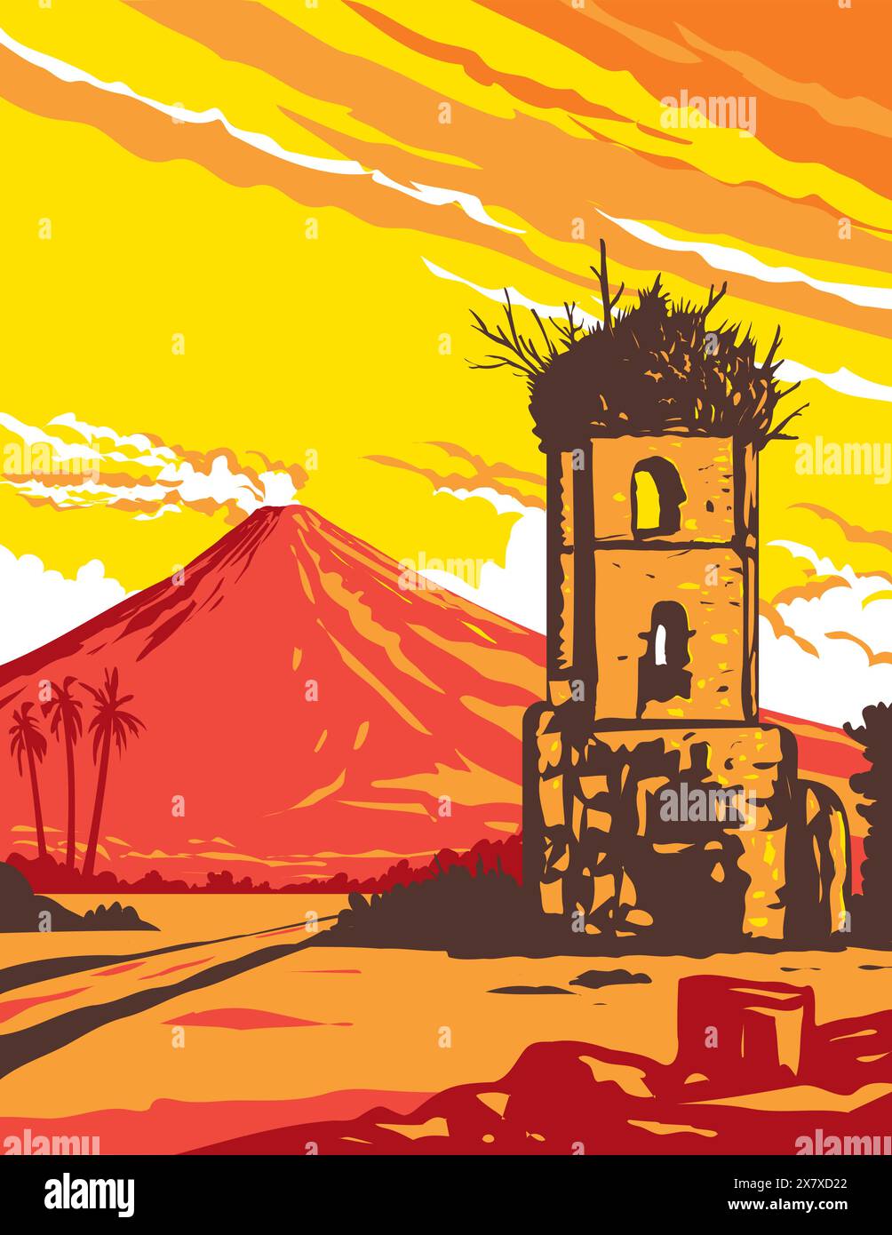 WPA poster art del vulcano Mayon e del campanile delle rovine di Cagsawa ad Albay, regione di Bicol nell'isola di Luzon nelle Filippine Illustrazione Vettoriale