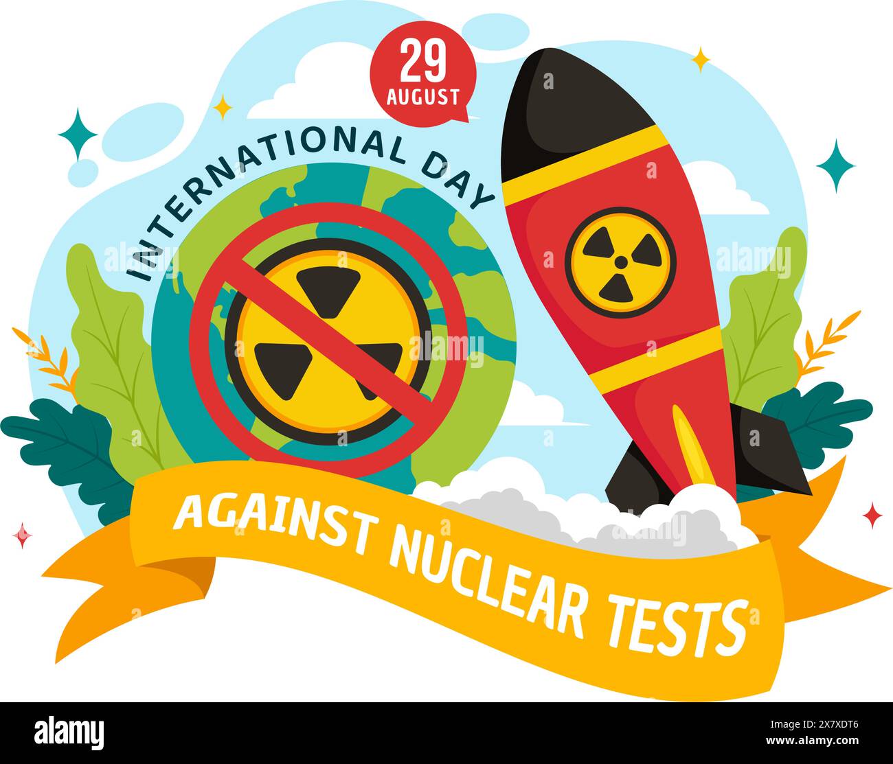 Giornata internazionale contro i test nucleari Vector Illustration dell'agosto 29 presenta una Terra e una bomba a razzo in uno sfondo di cartone animato piatto Illustrazione Vettoriale