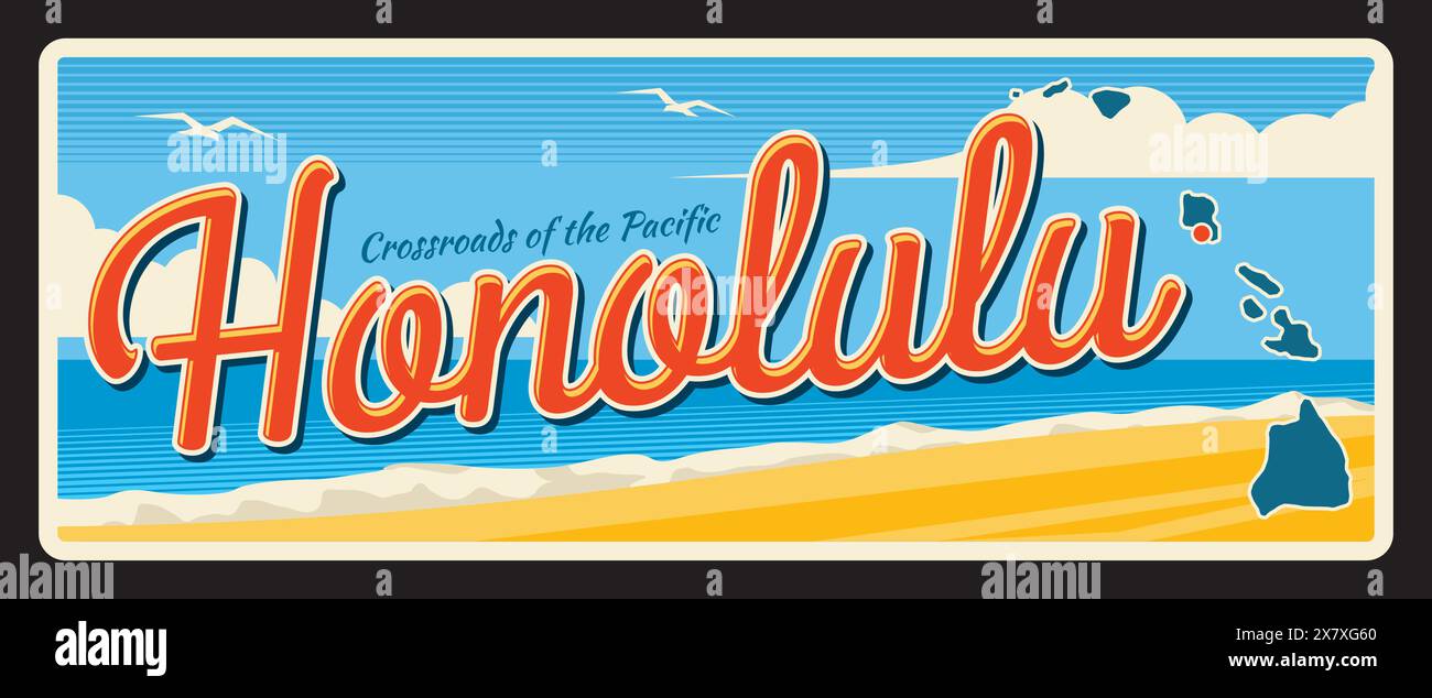 Honolulu american City, targa da viaggio retrò USA e adesivo per destinazioni di viaggio. Insegna di latta da viaggio americana, cartolina ricordo della città degli Stati Uniti. Piatto della città degli Stati Uniti con mappa e spiaggia turistica Illustrazione Vettoriale