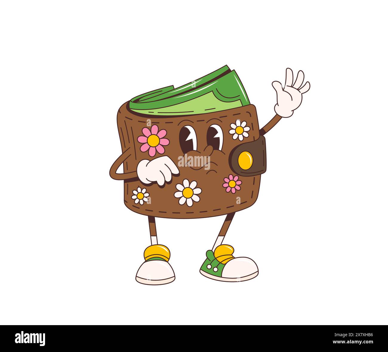 Borsa a portafoglio con motivo retrò Cartoon che sventola a mano. Custodia antropomorfa in stile hippie vettoriale isolata con vivace motivo floreale, occhi ampi, sorriso allegro e simpatico e chiusura a bottone Illustrazione Vettoriale