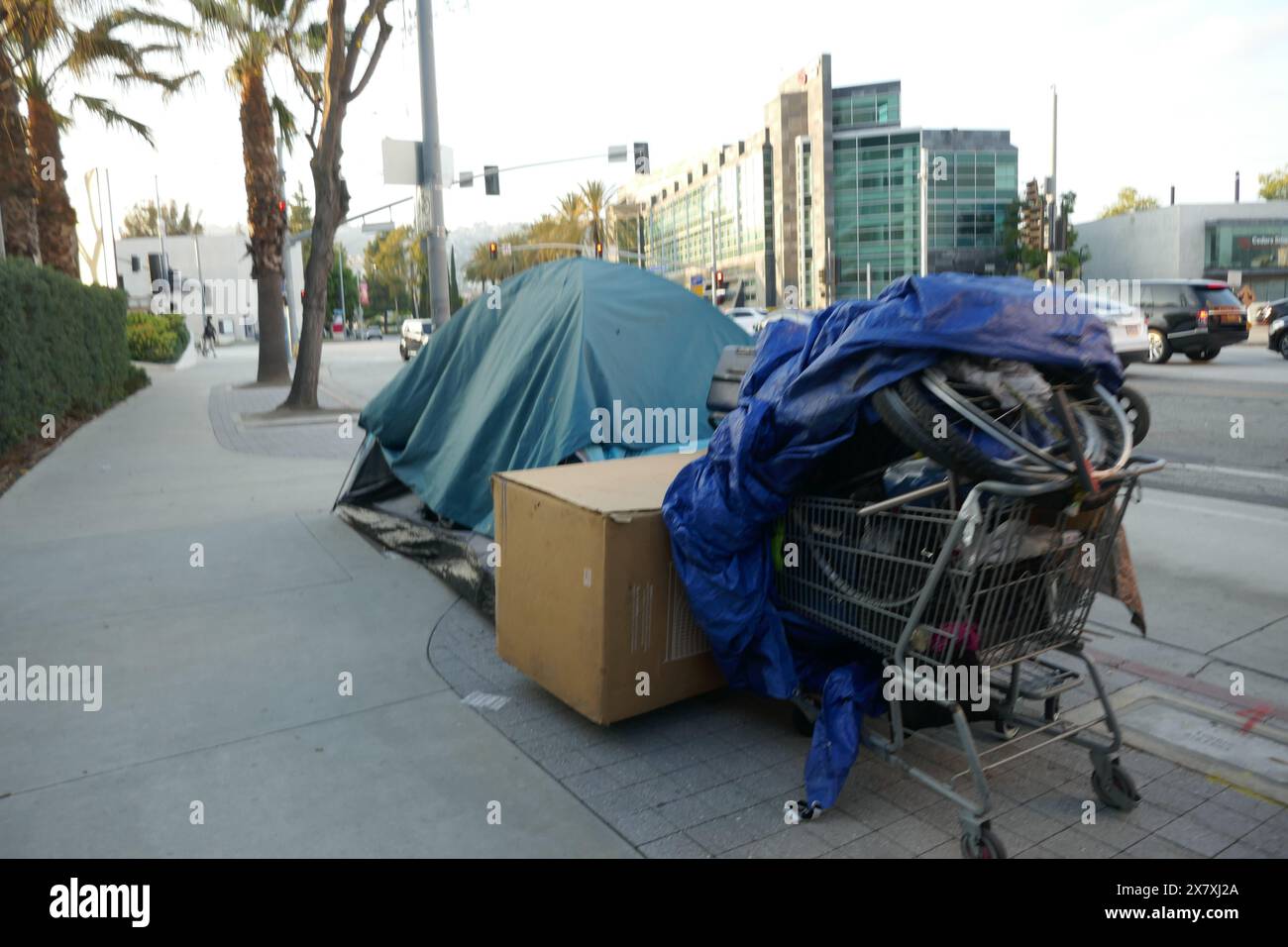 Los Angeles, California, USA 18 maggio 2024 tenda/campi senzatetto accanto al Cedars Sinai Hospital il 18 maggio 2024 a Los Angeles, California, USA. Foto di Barry King/Alamy Stock Photo Foto Stock