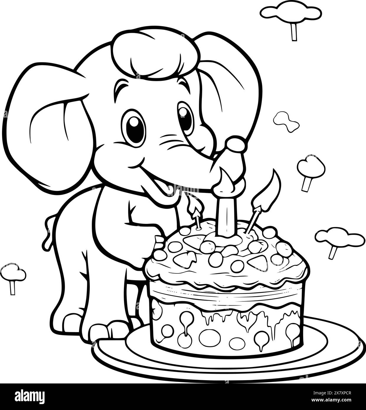 Pagina da colorare Elephant with Cake of Birthday per bambini Illustrazione Vettoriale