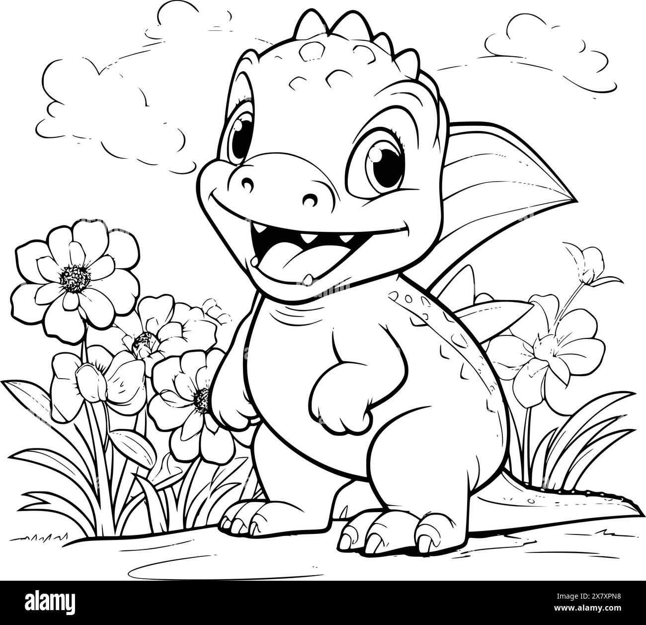 Dinosauro con Una pagina da colorare dei fiori per bambini Illustrazione Vettoriale