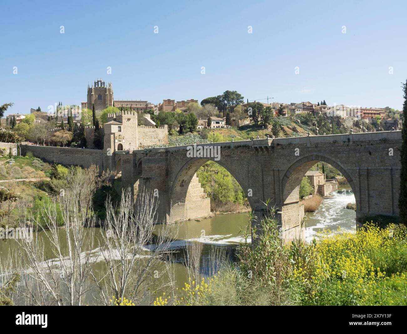 Storico ponte in pietra con archi su un fiume, circondato da vegetazione e paesaggio urbano, clima soleggiato, storico ponte in pietra con una vecchia torre e un Foto Stock