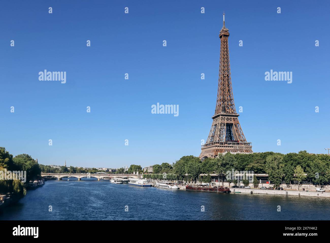 Vista della Senna e della Torre Eiffel dal ponte Bir Hakeim Foto Stock