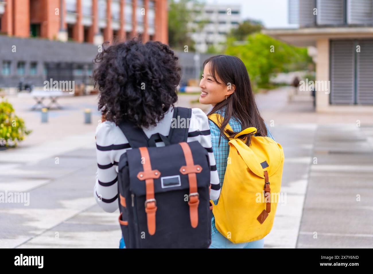 Vista posteriore di due studentesse multietniche che camminano lungo un campus urbano che parla e sorride Foto Stock