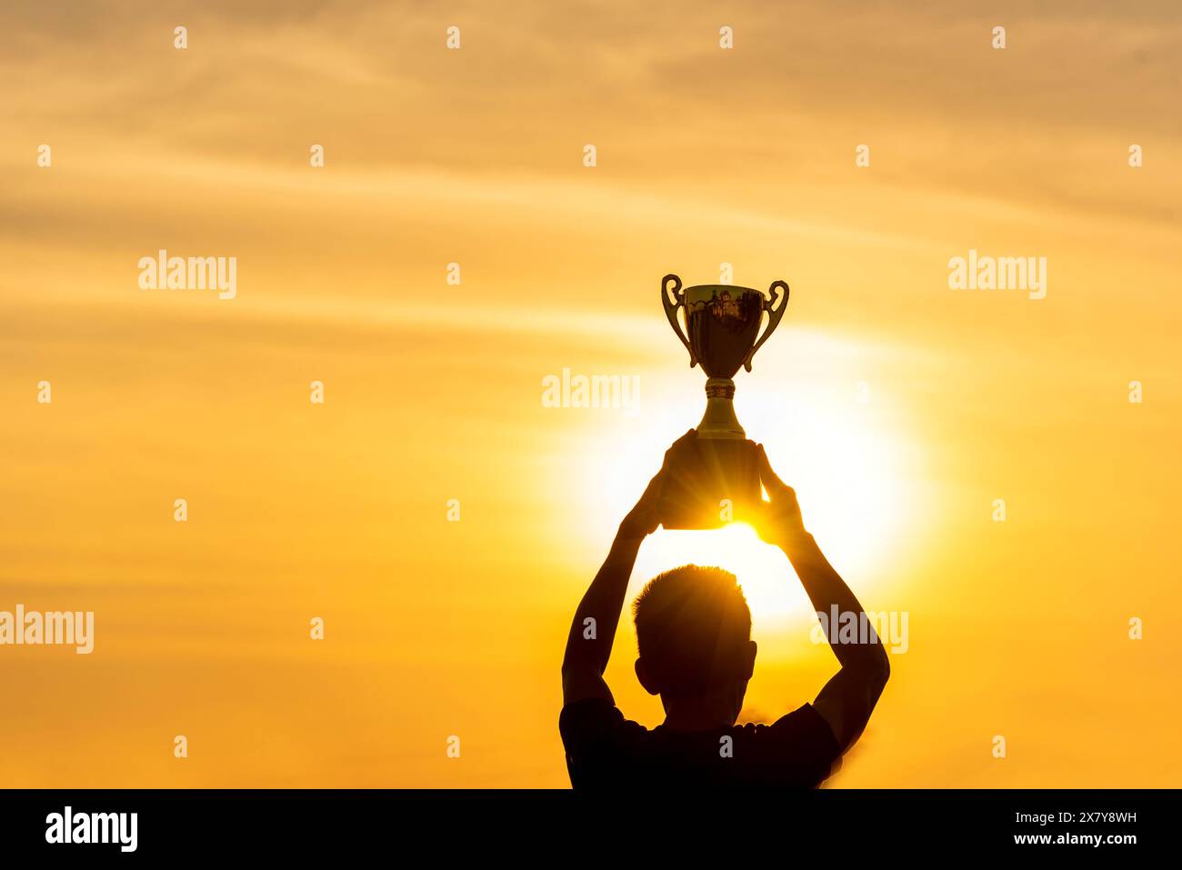 Il vincitore vince vincendo il premio della coppa del trofeo del campione d'oro. Silhouette miglior trofeo di vittoria per la squadra campione professionista che detiene lo sport d'oro Foto Stock