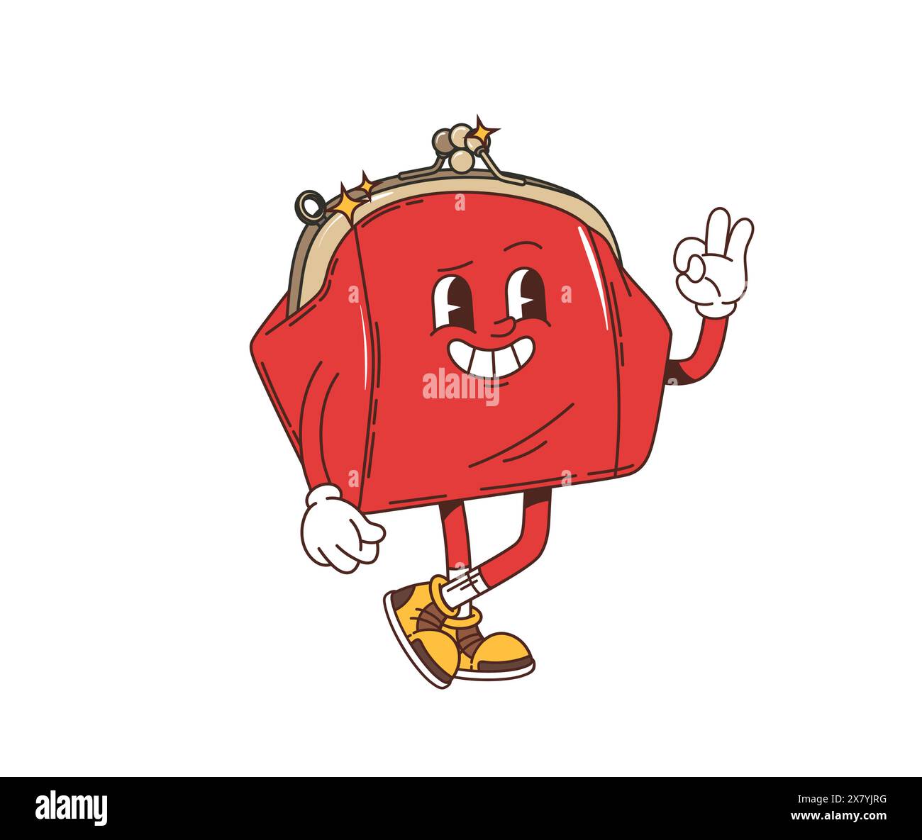 Portafogli con motivo retrò. Un personaggio isolato in una sacca rossa vettoriale che indossa sneakers classiche, con un volto sorridente, che crea un segnale ok, catturando un'atmosfera giocosa dell'epoca nostalgica hippie y2k Illustrazione Vettoriale