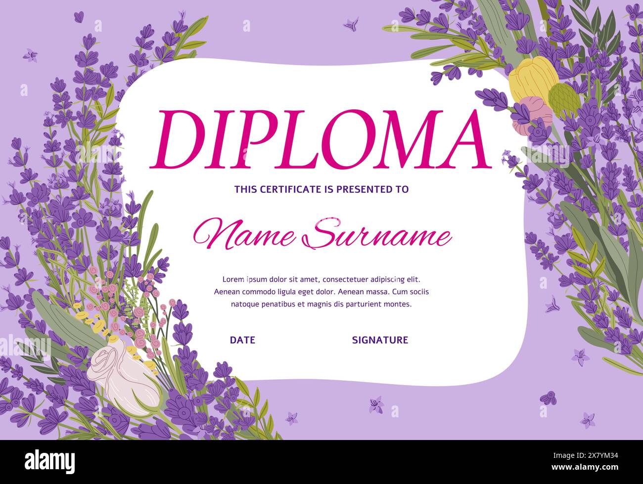 Diploma con fiori di lavanda per certificato di formazione o riconoscimento, modello di sfondo vettoriale. Certificato con lavanda Provenza, tulipani e rose in mazzo floreale per workshop di classe Illustrazione Vettoriale