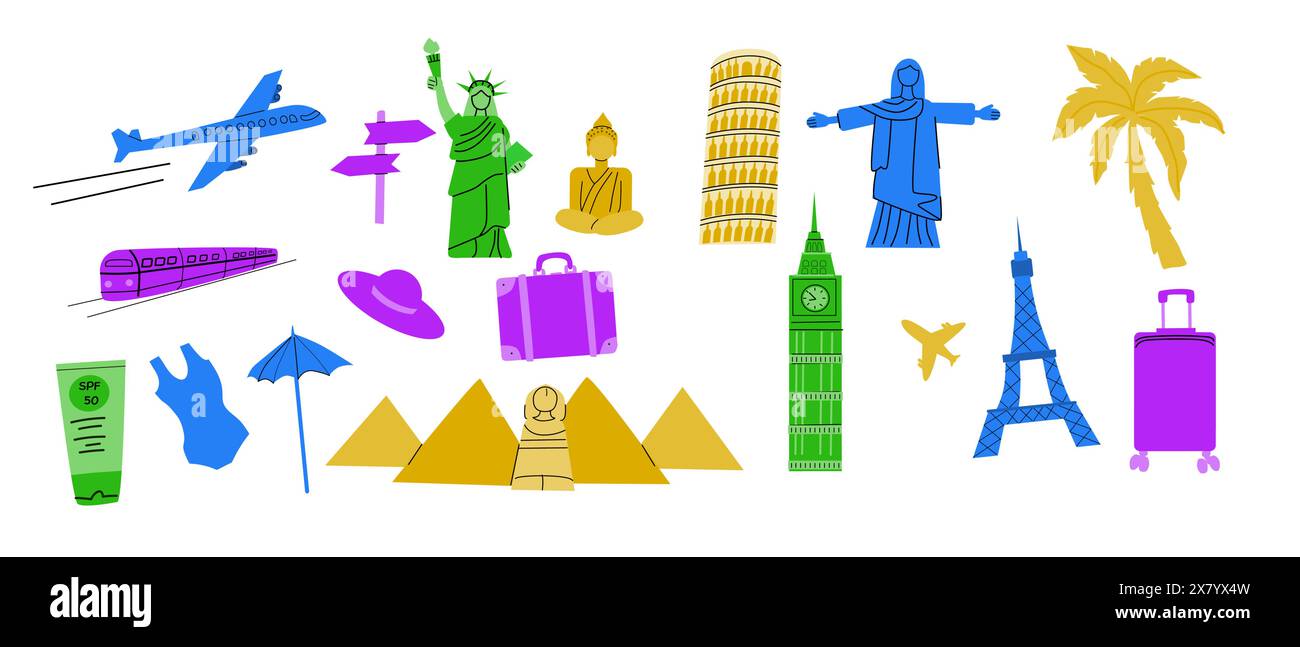 Destinazioni di viaggio Europa, Asia e America elementi famosi e di viaggio estivi. Statue ed edifici per poster di riferimento, design della copertina. Illustrazione Vettoriale