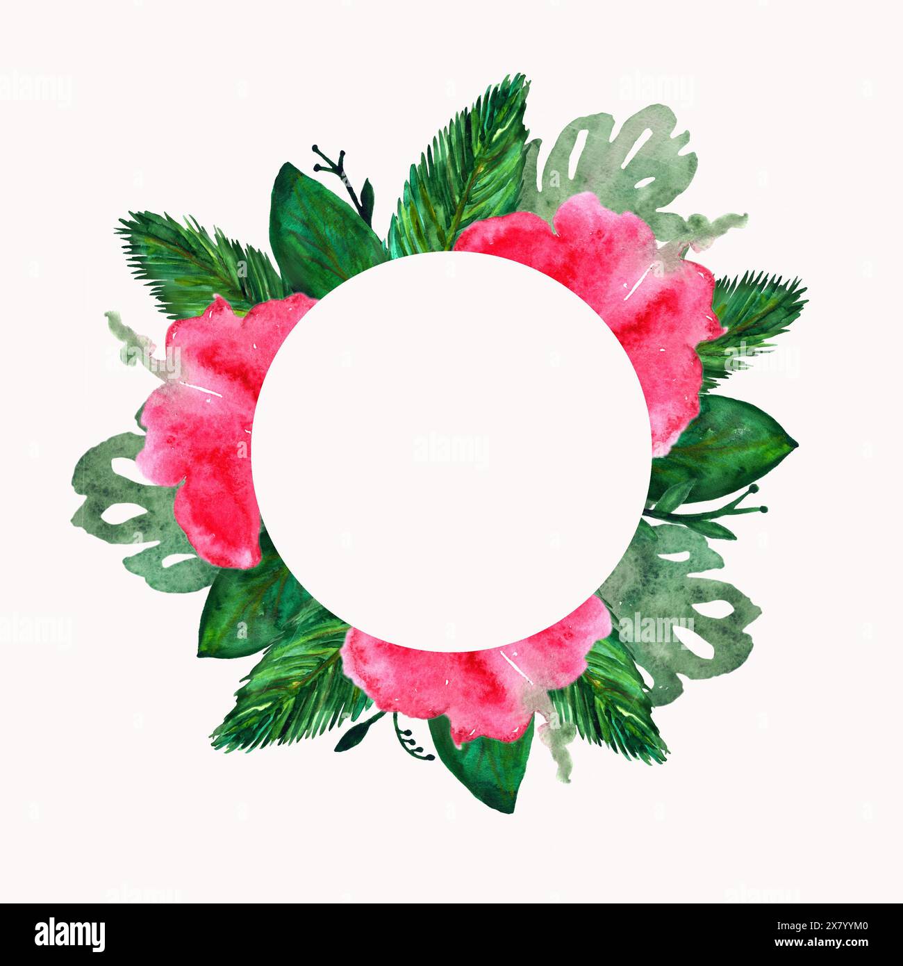 Un design circolare caratterizzato da fiori rosa e foglie verdi adagiate su uno sfondo bianco Foto Stock