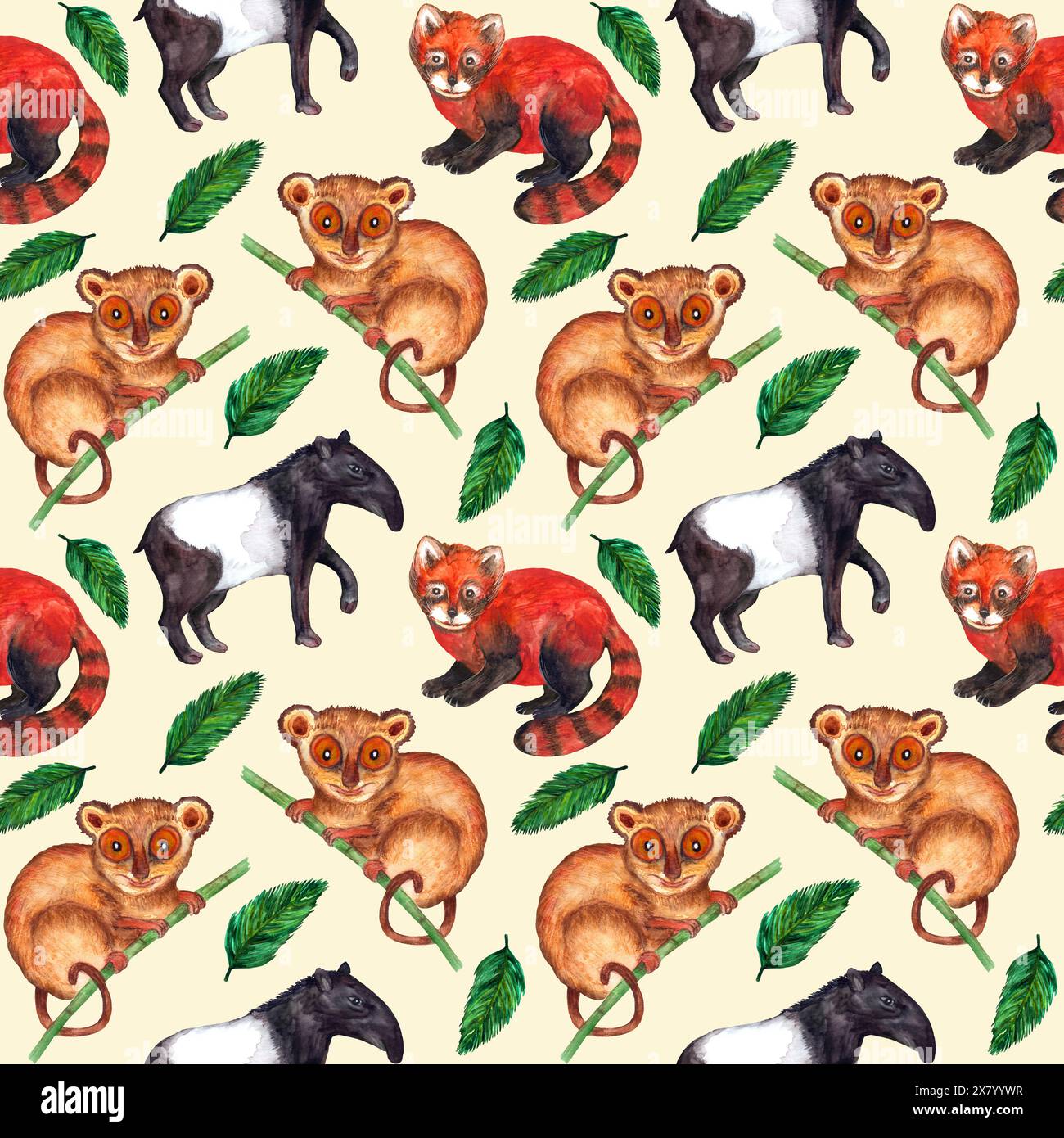 Motivo ad acquerello senza cuciture natura iperrealistica dei tropici dell'Asia - tapir, tarsier, panda rosso e foglie di palma su sfondo di pesca pastello Foto Stock