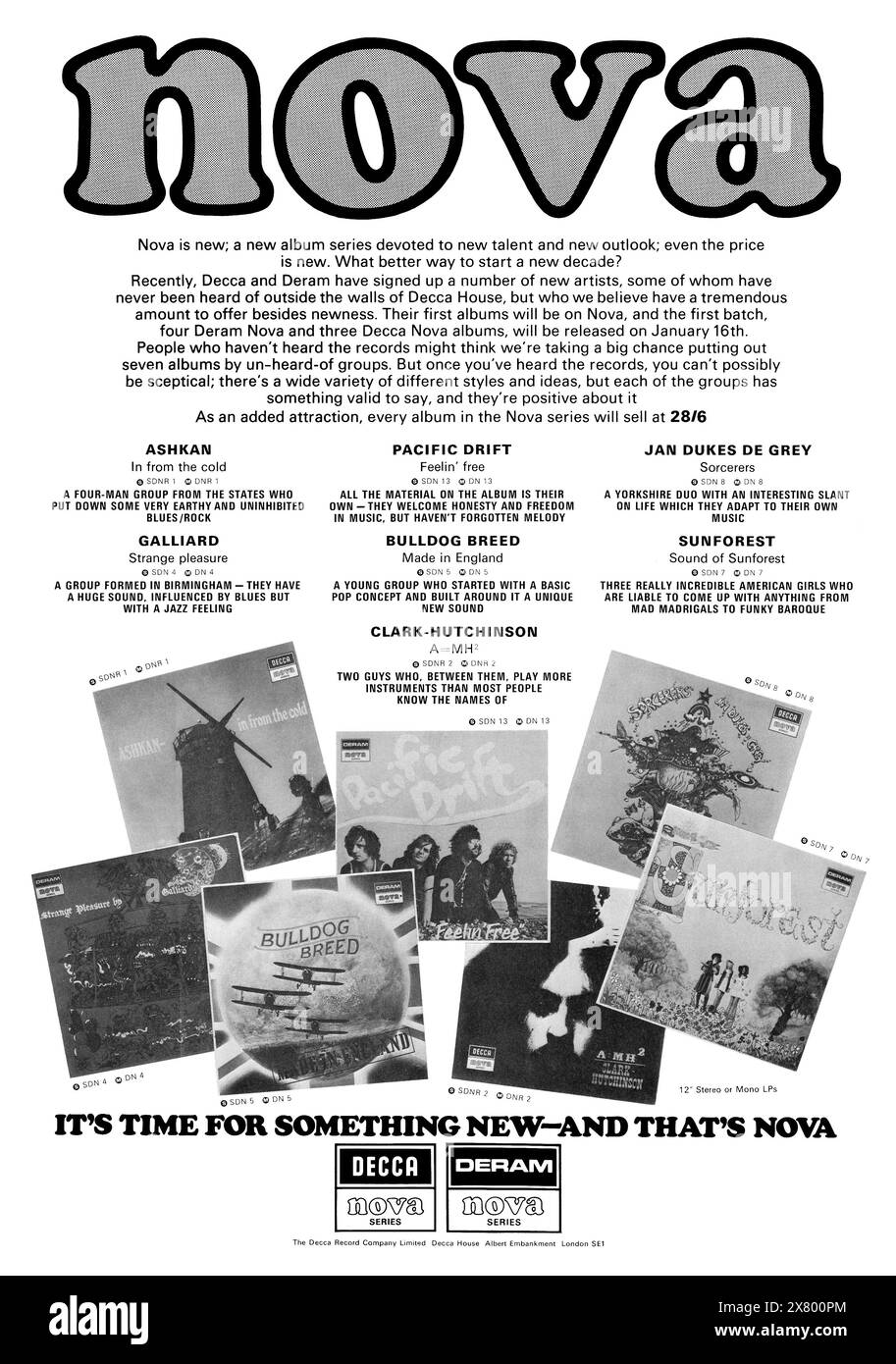 1970 pubblicità commerciale britannica per la Nova Series di pubblicazioni discografiche sulle etichette Deram/Decca. L'etichetta è stata fondata nel 1969 per pubblicare musica più progressiva nello stile. Foto Stock