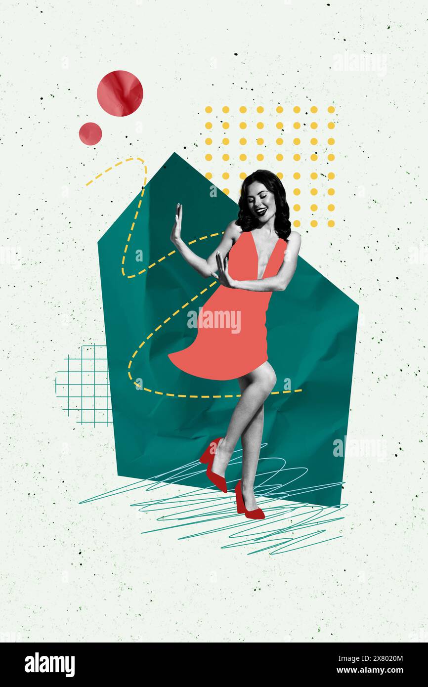 Collage verticale di immagini giovane affascinante signora vestito elegante tacchi alti ballerina discoteca party entertainment fine settimana disegno scarabocchi Foto Stock