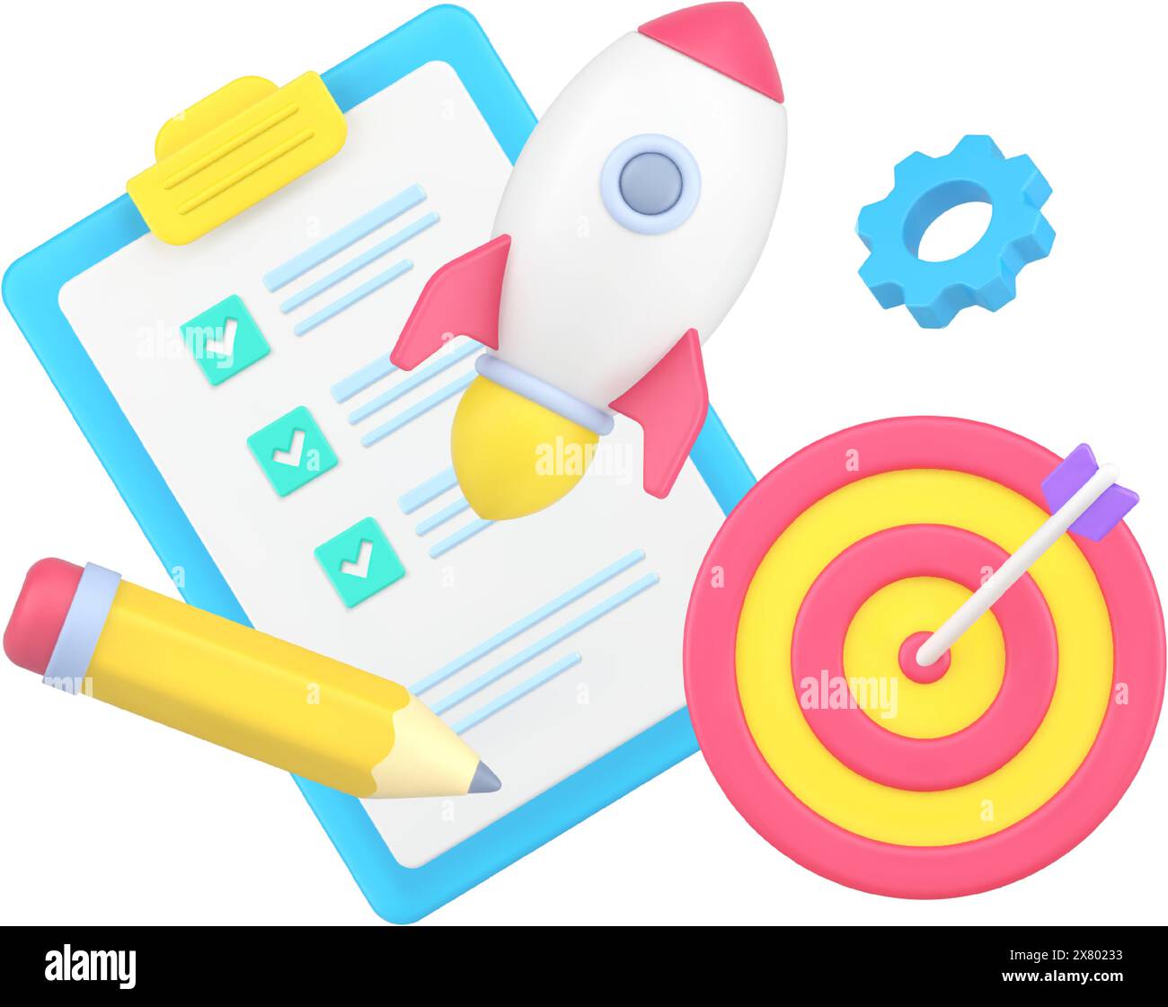 Sviluppo di una strategia di avvio aziendale di successo con Gear, Goal Goal, To Do List e decollo di Rocket 3d Icon isometric Vector illustrati Illustrazione Vettoriale