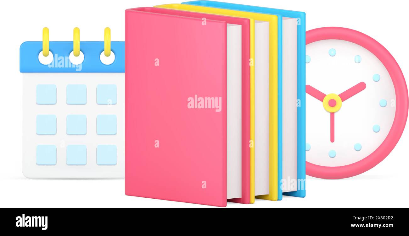 Attività didattica che legge lo stack di libri fino ai dati di pianificazione delle scadenze e guarda l'illustrazione vettoriale isometrica dell'icona 3D. Imparare la letteratura libri di testo prepa Illustrazione Vettoriale