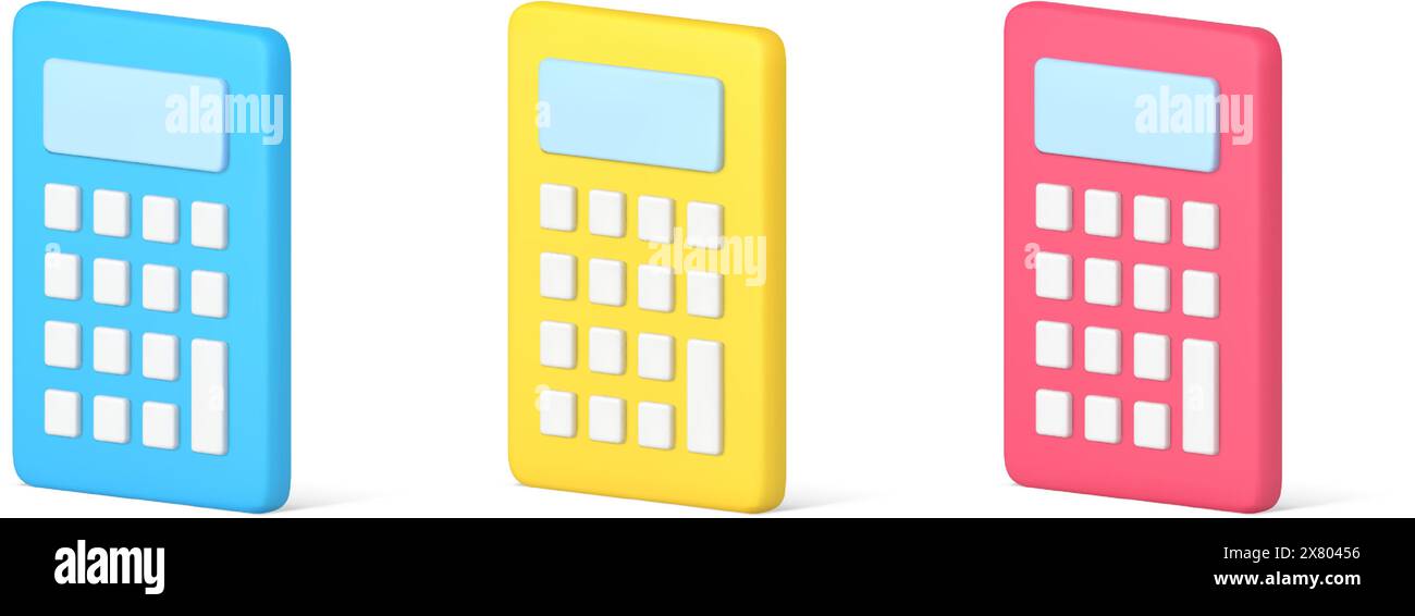Icona 3d isometrica lucida per la raccolta moderna macchina calcolatrice con pulsanti e visualizzazione dell'illustrazione vettoriale del modello. Set di gadget elettronici f Illustrazione Vettoriale