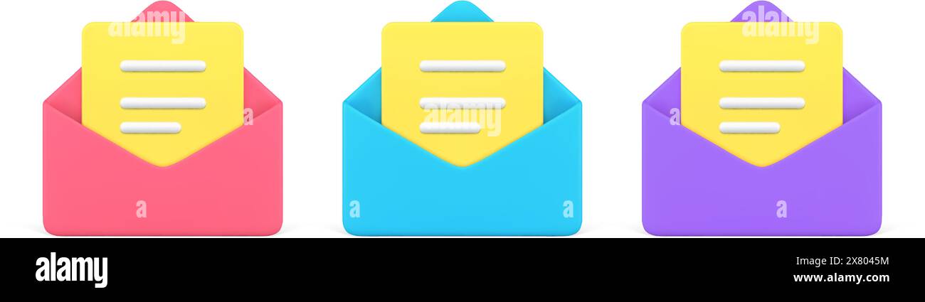 Raccogliere buste di carta aperte con documenti in formato lettera all'interno dell'illustrazione vettoriale 3D. Set di rosso, blu e viola corrispondente all'indirizzo del messaggio in arrivo Illustrazione Vettoriale