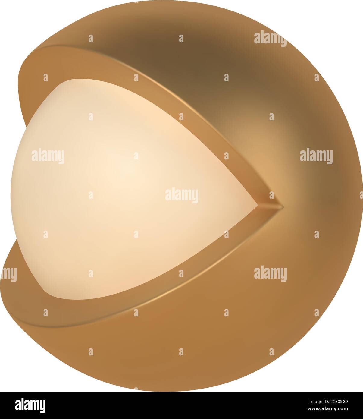 Modello vettoriale a occhio aperto 3d astratto d'oro. Sfera decorativa in metallo con intaglio e seconda sfera all'interno. Bellissimo elemento geometrico per Illustrazione Vettoriale