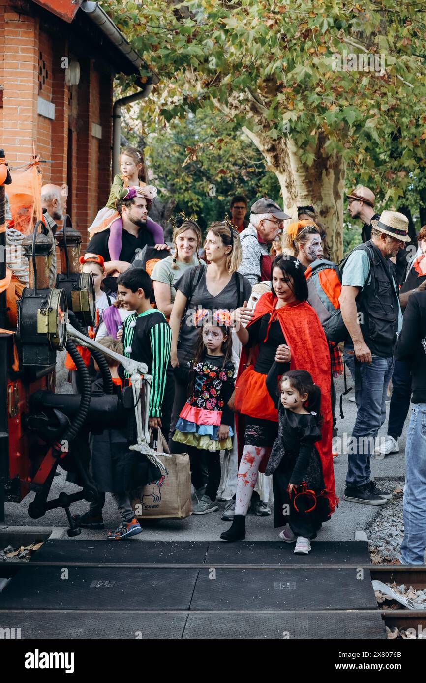 Entrevaux, Francia - 30.10.2022 : le persone sotto mentite spoglie celebrano Halloween su un treno d'epoca in Provenza, Francia meridionale. Foto Stock