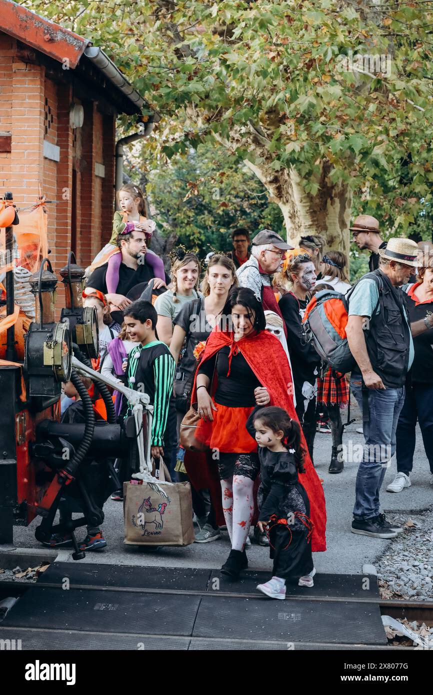 Entrevaux, Francia - 30.10.2022 : le persone sotto mentite spoglie celebrano Halloween su un treno d'epoca in Provenza, Francia meridionale. Foto Stock