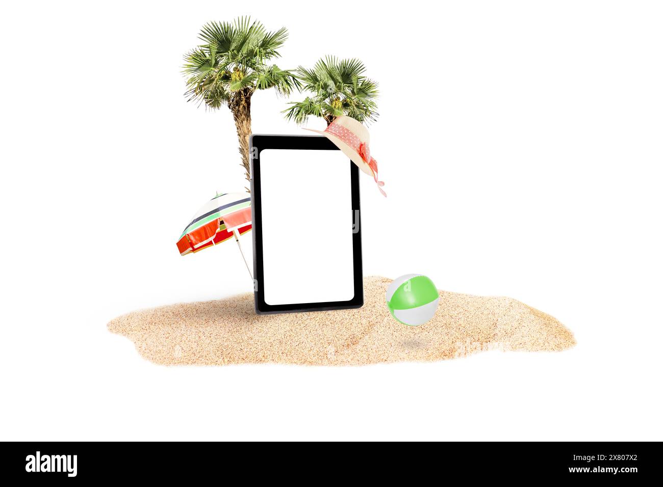 Tablet, schermo del telefono cellulare con palme, palla, cappello e ombrellone sulla spiaggia di sabbia isolata in bianco Foto Stock