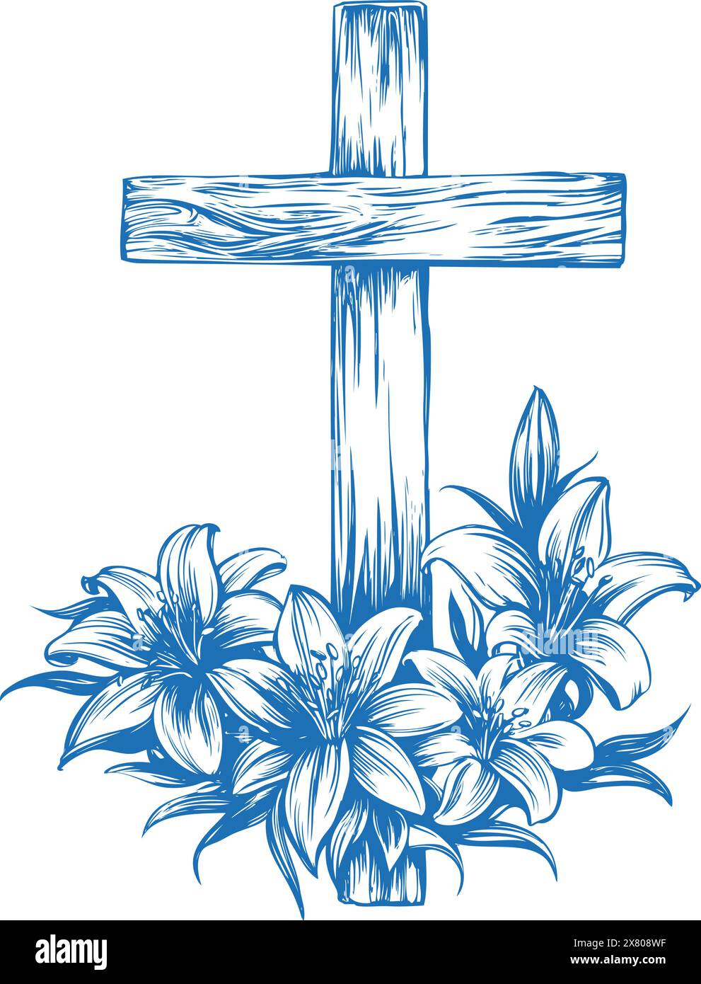 Pasqua felice, croce di legno e gigli fioriti floreali, Pasqua. Simbolo del cristianesimo disegno a mano vettore illustrazione schizzo. Illustrazione Vettoriale
