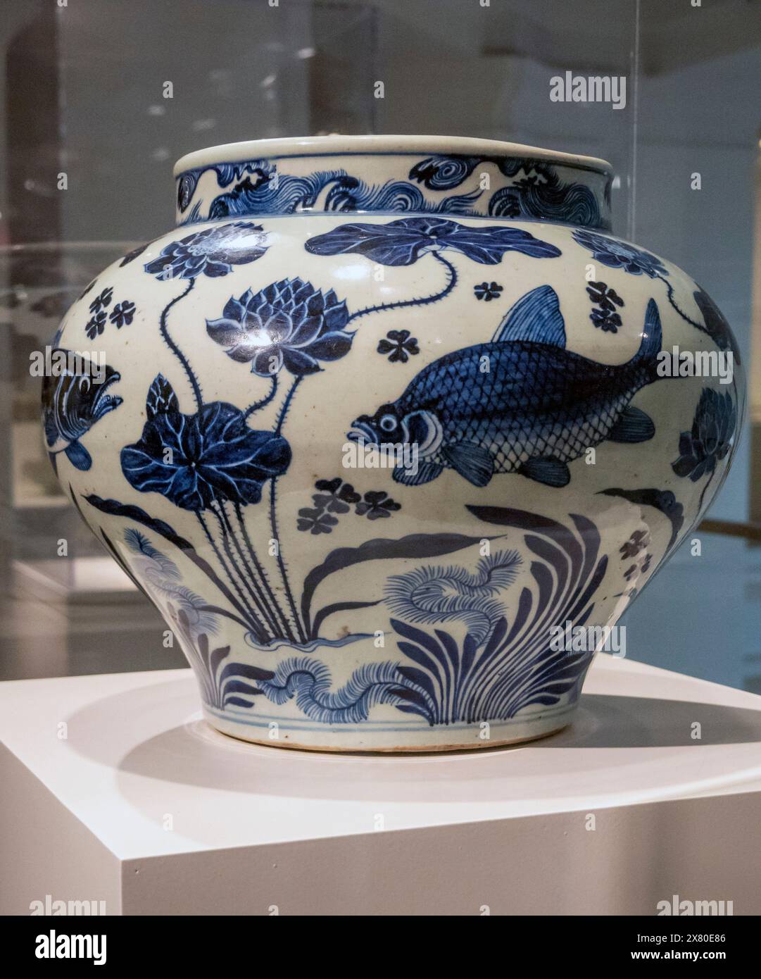 Vaso di vino cinese blu e bianco con pesci e piante acquatiche, dinastia Yuan, XIV secolo, Brooklyn Museum, New York, STATI UNITI Foto Stock Vaso di vino cinese blu e bianco con pesci e piante acquatiche, dinastia Yuan, XIV secolo, Brooklyn Museum, New York, STATI UNITI Foto Stock