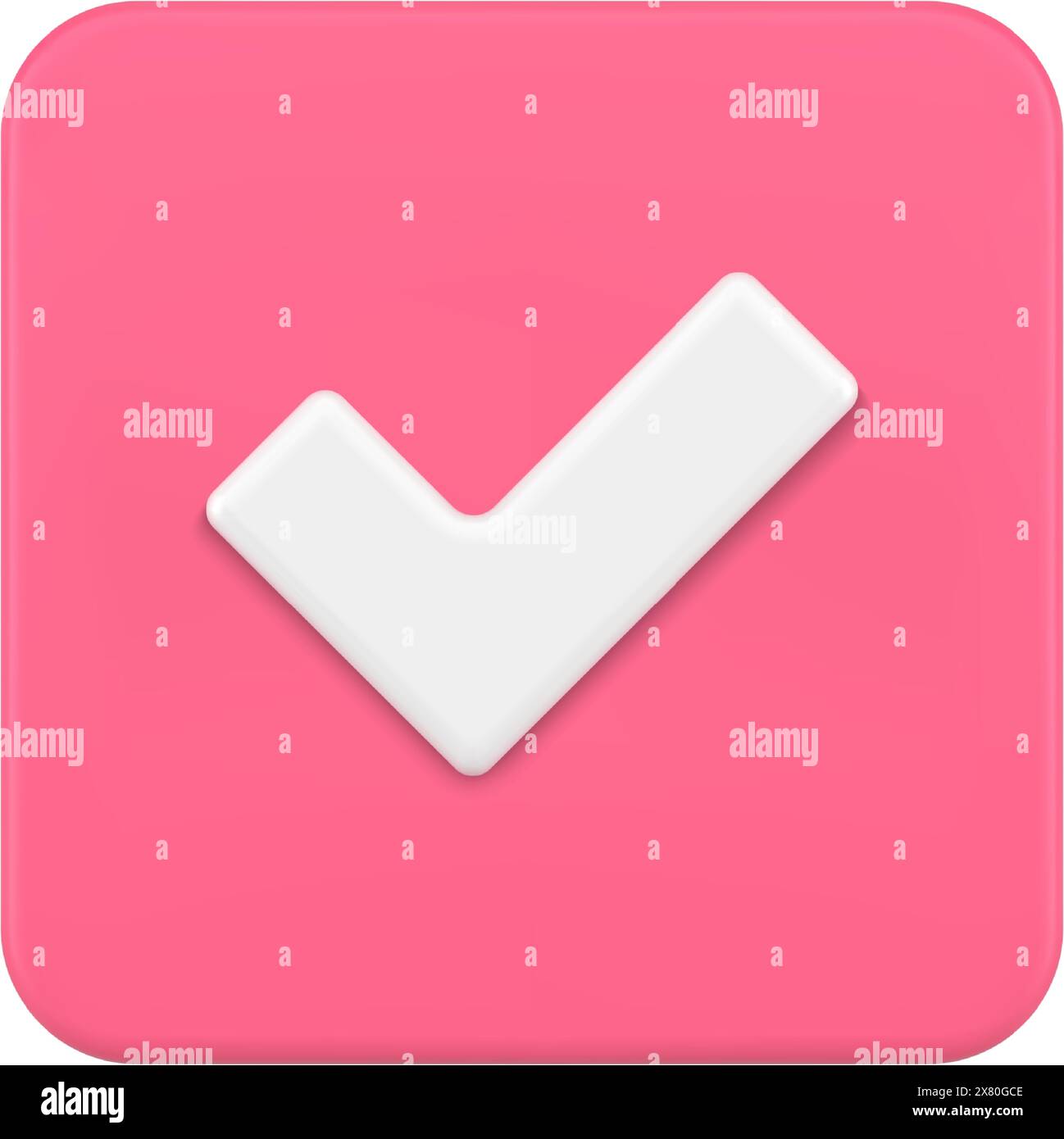 Pulsante rosa con segno di spunta realistico completato risposta positiva illustrazione vettoriale dell'icona 3D. Segno di spunta sul badge conferma di successo approvato logo corretto Illustrazione Vettoriale