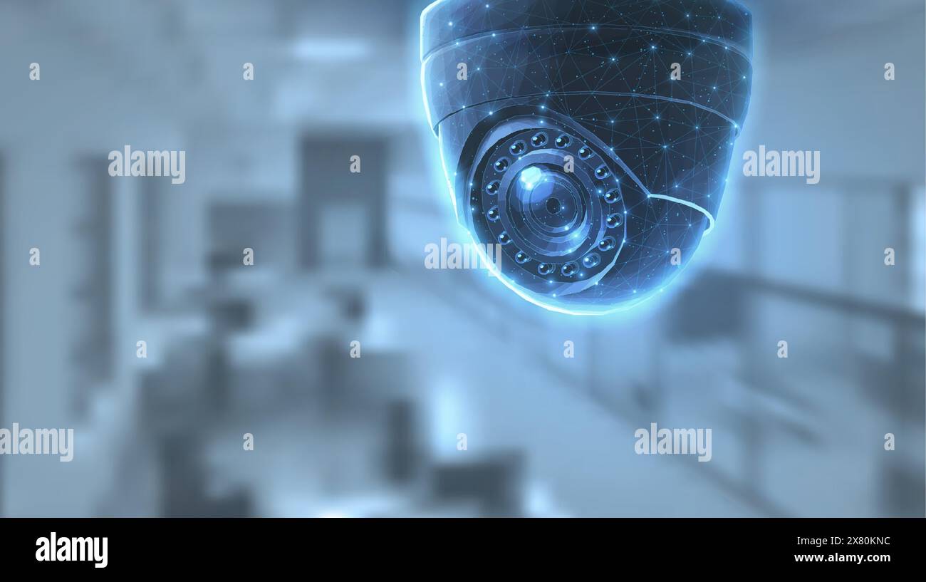Telecamera di sicurezza a cupola nell'abitacolo. Monitoraggio aziendale, videosorveglianza, videosorveglianza, sorveglianza digitale, sicurezza dell'ufficio, monitoraggio al chiuso, sicuro Illustrazione Vettoriale