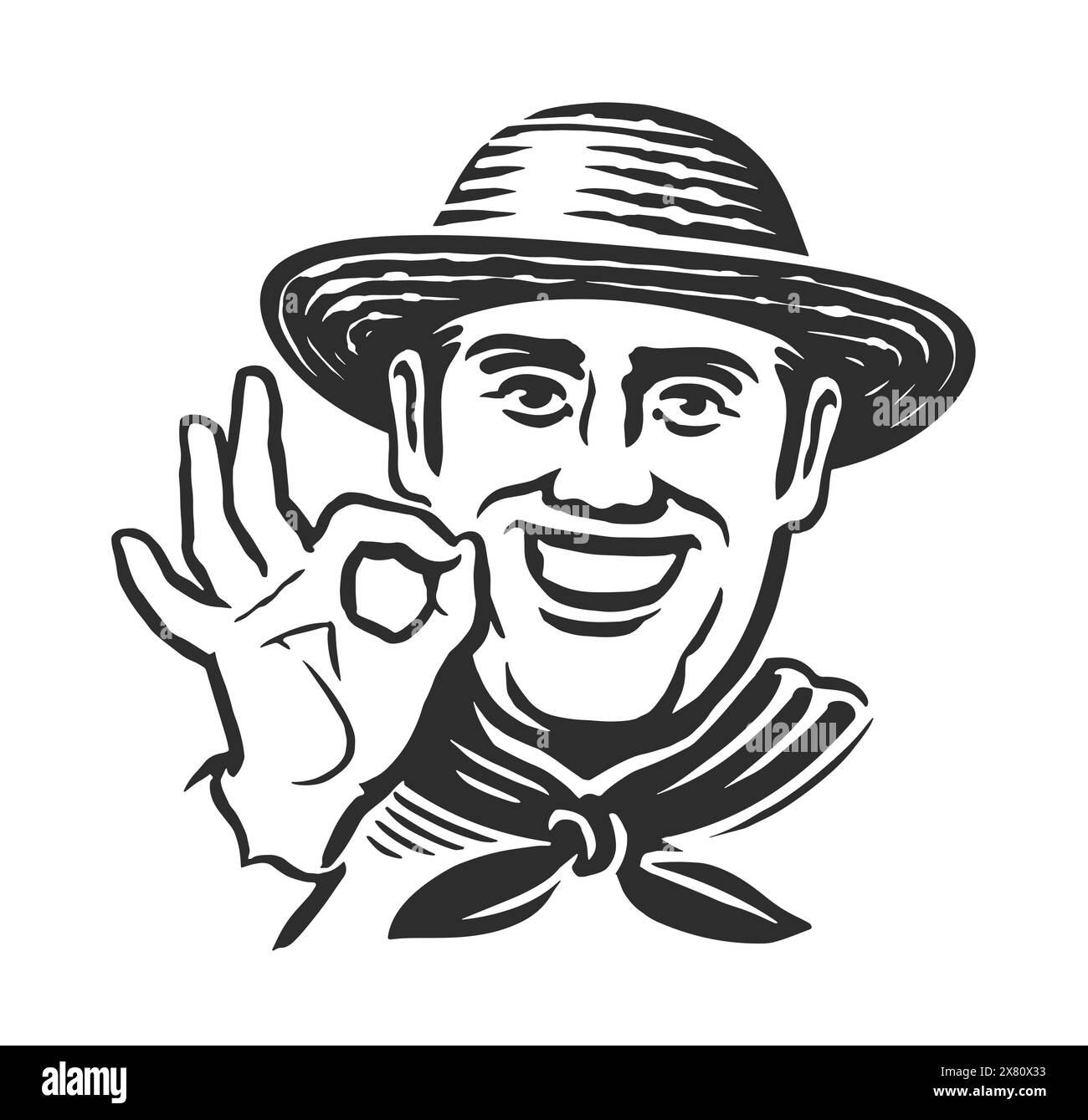 Ritratto di un agricoltore di mezza età con cappello di paglia. Lavoratore agricolo sorridente, emblema e distintivo. Disegno in bianco e nero Illustrazione Vettoriale
